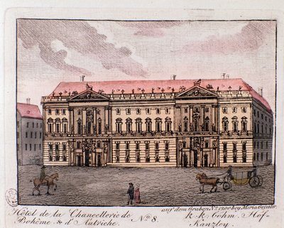 Utsikt over hotellet til kanselliet i Böhme og Østerrike i Wien, Østerrike. Gravering fra 1815 privatsamling av Unknown artist