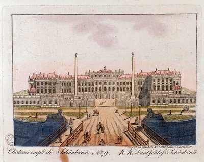 Utsikt over det keiserlige slottet i Schonbrunn (Schonbrun) (1500-1600-tallet) nær Wien, Østerrike Gravering av 1815 privat samling av Unknown artist
