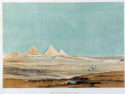 Utsikt over pyramidene i Giza (Giza, Giza, Giza), Egypt. Illustrasjon av Paris fra 1800-tallet, Frankrikes høyskole av Unknown artist