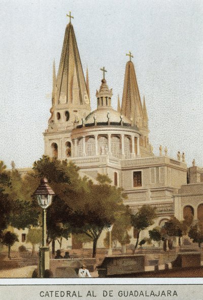 Utsikt over katedralen i Guadalajara i Mexico by, Mexico. Kromolitografi fra 1800-tallet av Unknown artist