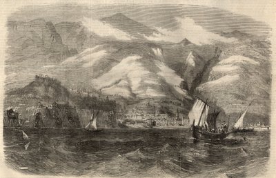Utsikt over byen Funchal på øya Madere (Madeira) i Portugal. Gravering i "" The Illustrated London News"" av 29. februar av Unknown artist