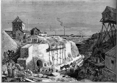 Utsikt over byggeplassen til drikkevannstankene til Villejuif. Gravering i "" Le Monde Illustré"" nr. 1300 av 25. februar av Unknown artist
