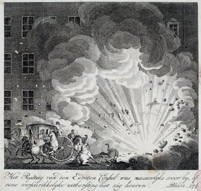 Utsikt over eksplosjonen av den infernalske maskinen i rue Saint Nicaise i Paris på 3. nivose an IX. Konspirasjonen til den infernalske maskinen er en konspirasjon for å drepe Napoleon Bonaparte, den nye førstekonsulen etter statskuppet 18. Brumaire. En in av Unknown artist