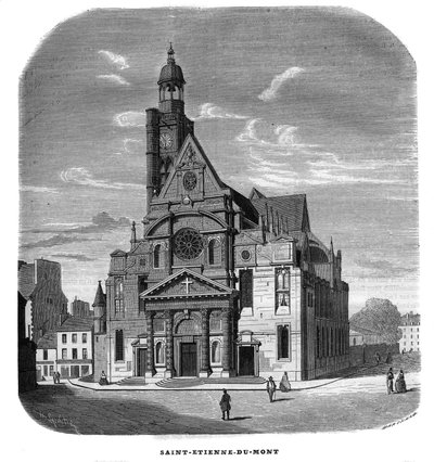 Utsikt over fasaden til kirken Saint-Etienne-du-Mont, Place Sainte-Genevieve (Saint Etienne du Mont) i Paris i 5. arrondissement i 1858. av Unknown artist