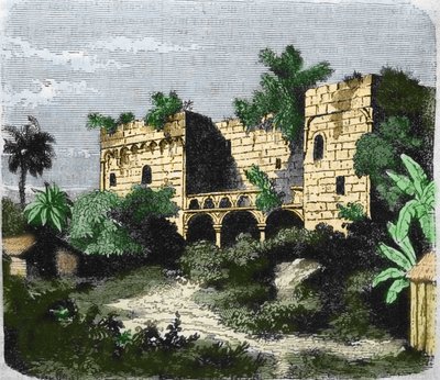 Utsikt over huset "" Alcazar de Colón"" bygget av Christopher Columbus for sønnen Diego Columbus (Diego Colon y Moniz) (1480-1526), på en øy i Santo Domingo. Gravering av 1800-tallet. av Unknown artist