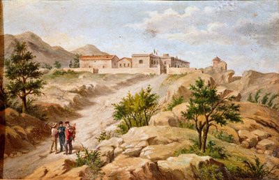 Utsikt over huset til den italienske patrioten og heltene til Risorgimento Giuseppe Garibaldi (1807-1882) a Caprera (Sardinia) Garibaldi er med to bønder til venstre i bildet. Anonymt maleri av Roma Museo del Risorgimento fra 1800-tallet av Unknown artist
