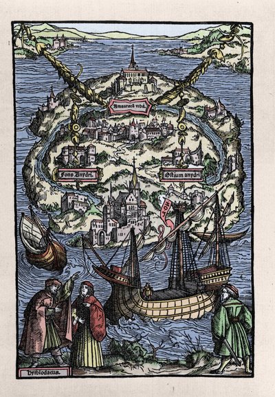 Utsikt over øya Utopia (Utopia) fra boken til Thomas More (1478-1535), "" Den optimale statusen til republikken som nylig isolerer Utopia". Gravert av Johann Froben. 1518. av Unknown artist