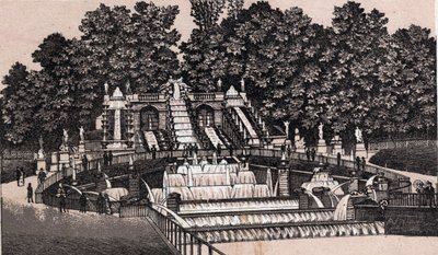 View of the large waterfall in the park of Saint Cloud (Saint-Cloud), France. in “” The world illustrates 168 views”” Undated (end 19th century) av Unknown artist