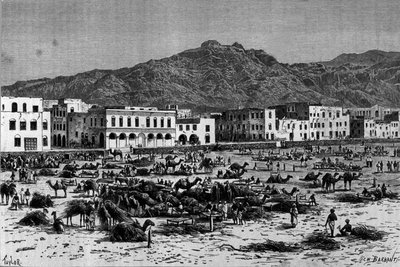 Utsikt over Aden-marsjen i Abessinia. Gravering rundt 1880 av Unknown artist