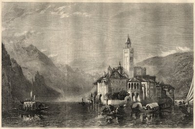 Utsikt over klosteret Mater Ecclesiae på øya Saint Jules (Saint Jules) (San Giulio) ved Ortasjøen (Lake Cusio) i Italia. Gravering etter et maleri av William Collingwood Smith (1815-1887). I «The Illustrated London News» av 22. mars av Unknown artist