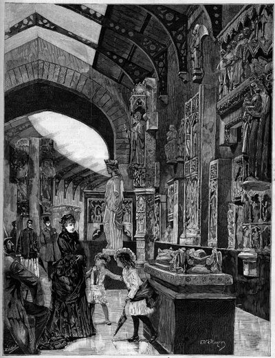 Utsikt over museet for sammenlignende arkitektur, ved Palais du Trocadero i Paris i 1882. Gravering i "" The Illustrous World"" nr. 1314 av 3. juni av Unknown artist