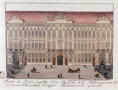 Utsikt over delen av det keiserlige palasset som heter Imperiets kansler i Wien. Østerrike. Gravering fra 1815 privatsamling av Unknown artist