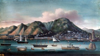 Utsikt over havnen i Hong Kong (seilbåter og padlebåt) av Unknown artist