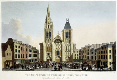 Utsikt over portalen til kirken St Denis, nær Paris, begravelse av kongene av Frankrike, og marked på torget - i "Paris par Courvoisier"" av Unknown artist
