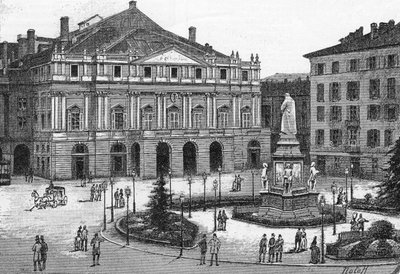 Utsikt over teateret La Scala i Milano, Italia. (Teatro alla Scala Milano) Gravering i "" The Illustrous World"" av Unknown artist