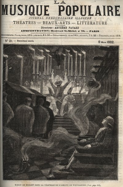 Vision von Wolfgang Amadeus Mozart (1756-1791) in der Kapelle (große Orgel) der Abtei Weingarten in Deutschland - Gravur in „Popular Music“ illustriertes Wochenblatt - 1882 von Unknown artist