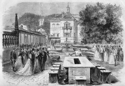 Besøk av keiser Francois-Joseph (1830-1916) og Impress Elisabeth av Østerrike (Sissi) (1837-1898) med Eugenie (1826-1920), Impress av franskmennene og Napoleon III til keiserresidensen Hellbrunn i Østerrike 21. august av Unknown artist