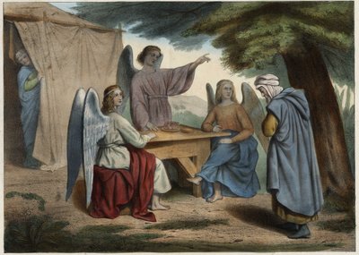 Visit of the Three Angels to Abraham: Abraham learns that his wife Sarah (deep), already very old, will soon give him a son. Anonymous engraving from the middle of the 19th century. av Unknown artist