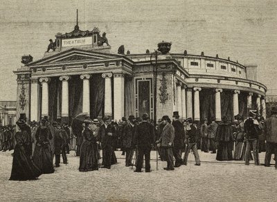 Besøkende foran Teatro Pompeiano på United Exhibitions, Milano, Italia, gravering fra fotografi av Treves-brødrene fra L#39;Illustrazione Italiana, år XXI, nr. 19, 13. mai av Unknown Artist