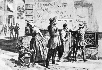 Viva Verdi: Entusiastiske inskripsjoner for Giuseppe Verdi i Napoli (riket av de to Siciliene) under den østerrikske okkupasjonen i 1859, etter forbudet mot hans opera "Un Ballo in maschera" (V.E.R.D.I. (VERDI) = Vittorio Emanuele Re d