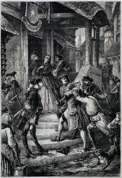 Voltaire (1694 - 1778) arrestert i Frankfurt i 1753 etter ordre fra den store Frederick II - i Histoire de France fra de fjerneste tider til 1789 av M. Guizot av Unknown artist