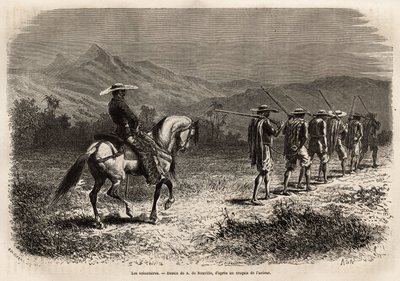 Frivillige på vei til Cali, en lang rekke menn med hendene bundet bak ryggen, forbundet med et tau til hverandre, et tau som holdes av en soldat på hesteryggen, som tar dem med til en militær treningsleir. Gravering for å illustrere reisen til New Gra av Unknown artist