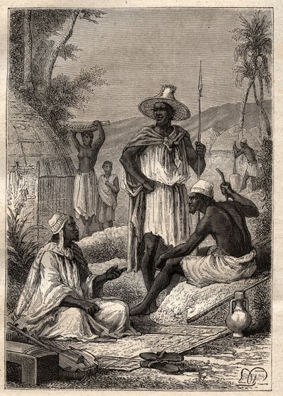 Reise (1795) fra Mungo Park (1771-1806) til Djoliba (Niger): innfødte i Senegal - illustrasjon hentet fra "" The Great Mariners of the 18th century"" av Unknown artist