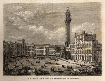 Utsikt over rådhusplassen i Siena, gravering for å illustrere en reise til Siena (Italia) i 1865, i "Le tour du monde, nouveau journal des voyages"" utgitt under ledelse av Edouard Charton av Unknown artist