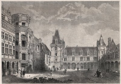 Utvendig utsikt over slottet Blois med den monumentale trappen - Gravering i "" Le Monde Illustrie"" av Unknown artist