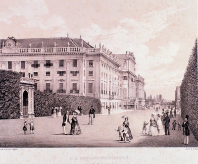 Turgåere i parken til Schönbrunn Palace (Schoenbrunn) i Wien. Østerrike. Trykk fra begynnelsen av 1800-tallets privatsamling av Unknown artist