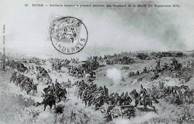 Krigen i 1870: Bayersk artilleri tar posisjon fra høyden til Marfe i Ardennene 01.09.1870. Gravering fra 1870 av Unknown artist