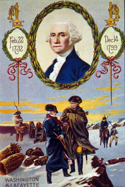 USAs uavhengighetskrig: Marquis de Lafayette (1757-1834) møtte George Washington (1732-1799) med Valley Forge for å hjelpe ham i 1777. kromolitografi fra 1800-tallet av Unknown artist