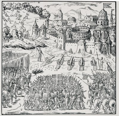 Religionskrig: Byen Nîmes beleiret av Kongens Armee (Henry III) i 1576 - i "" Samling av 39 figurer som representerer ulykkene i Frankrike fra 1562 til 1586""", Louis Perrin imprim. av Unknown artist