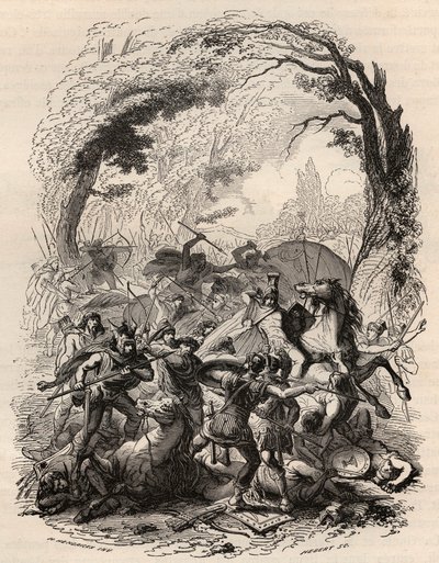 Gallernes krig: Slaget ved Aduatuca mellom det belgiske folket i Eburons og den romerske hæren. Quintus Titurius Sabinus og Lucius Aurunculeius Cotta ble beseiret i 54 f.Kr. Gravering fra 1868 i "Belgias historie fra primitive tider til slutten av av Unknown artist