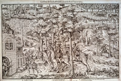 Religionskriger 1562-1598 "" Attentat på Francois I av Lorraine (1519-1563) andre hertug av Guise den 18.02.1563. En katolsk leder ble han drept av kalvinisten Jean de Poltrot de Mere eller Merey. Gravering fra 1500-tallet. Paris, B.N. av Unknown artist