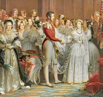 Dronning Victorias bryllup med prins Albert av Sachsen Cobourg Gotha i Saint James Palace i London 10. februar 1840 (gravering) av Unknown artist