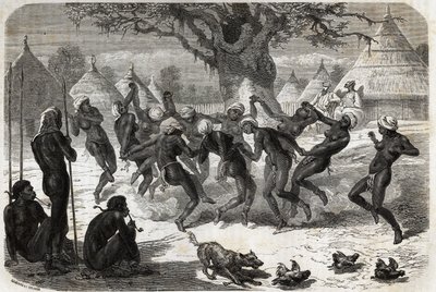 Velkomstdans av kvinnene i stammen, når Baker og hans kone kommer tilbake fra Lake Albert (Albert Nyanza). Engravure pour illustration le voyage au lac Albert, en 1861-1864, av Sir Samuel White Baker, i "Le tour du monde, nouveau journal des voyages av Unknown artist
