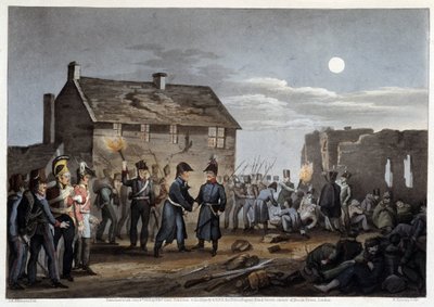 Wellington og Blucher møtes tilfeldigvis i Waterloo - i "" Historiske, militære og marineanekdoter og hendelser som ankom Bretagnes hærer og deres allierte, og endte i Waterloo"" av Edward Orme, ill. av Atkinson, London av Unknown artist