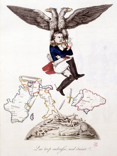 Hvem også omfavner dårlig omfavner: etter å ha sådd død i hele Europa, slutter Napoleon seg til øya Elba, båret av en ørn - i "" Napoleon 1st, karikaturer, dummy-samling"", ca. 1814 av Unknown artist