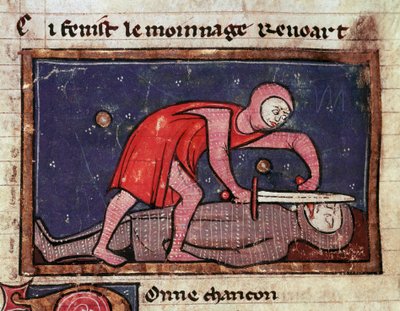 William V av Poitiers kalt den store (960-1030) skjærer tungen til sin fiende grev Boson II av Marche (988-1008) i 1008 Miniatyr hentet fra "The moinage of William"" (ms. 1025) 13. århundre Milan, Biblioteca Trivulziana av Unknown artist