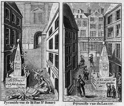 Vinterpyramide 1784 i Paris. Fac simile (Fac-simile) av to trykk publisert i "La Pyramide de neige", almanakk fra 1786. Gravering i "" Nature: review of sciences and their applications to arts and industry "" av 16. mars av Unknown artist