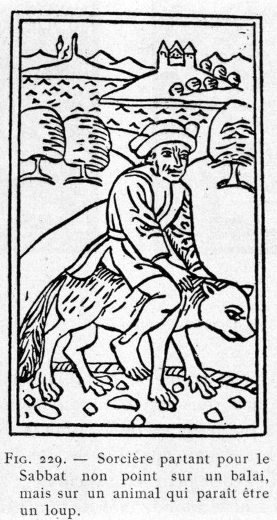 Heks som drar til sabbaten, ikke på en kost, men på et dyr som ser ut til å være en ulv. av Unknown artist