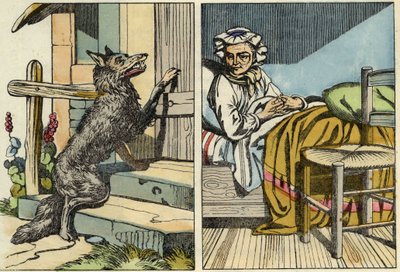Ulv banker på døra til bestemor. Illustrasjon av historien "Den lille rødhette" av Charles Perrault av Unknown artist