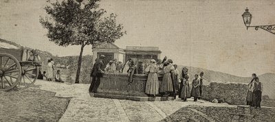 Kvinner og barn ved fontenen i Piana dei Greci, Italia, gravering fra et fotografi av E. Interguglielmi fra L#39;Illustrazione Italiana, år XXI, nr. 2, 14. januar av Unknown Artist