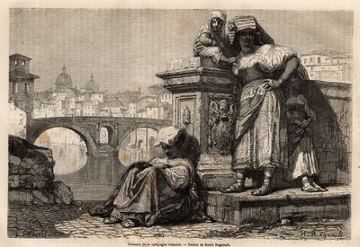 Kvinner og barn på det romerske landskapet hviler på kanten av Tiberen, bak horisonten: kuplene til Peterskirken i Vatikanet. Gravering for å illustrere reisen til Roma, av Francis Wey, i 1864-1868, publisert i "Le tour du monde, no av Unknown artist