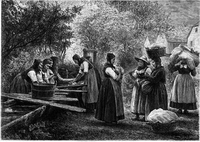 Kvinner vasker i Alsace. Gravering i den berømte journalen "" La jeunesse"" av Unknown artist