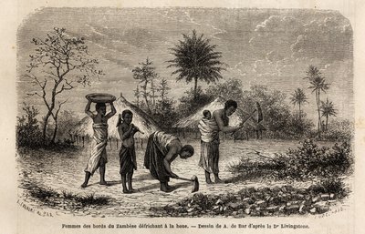Kvinner fra bredden av Zambeze defriching en hakke, og introduserer barn til landbruksarbeid. Gravering for å illustrere Dr. Livingstones første reiser til Sør-Afrika fra 1840 til 1856, i «Le tour du monde, nouveau journal des voyages»» publisert av Unknown artist