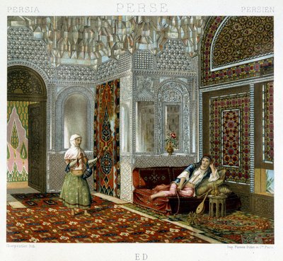 Kvinner i en stue i Persia - i "" Den historiske drakten"" av Racinet av Unknown artist