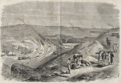 Arbeid på Suez-kanalen 1864 - Byggeplass og borearbeid på Suez-kanalen i 1864 (Chaluf Tranchee) - av Unknown artist