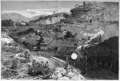Arbeider på grøftstedet i Nedre Obispo (Bas Opispo) for byggingen av Panamakanalen. Gravering i "" Le Monde Illustré"" av Unknown artist